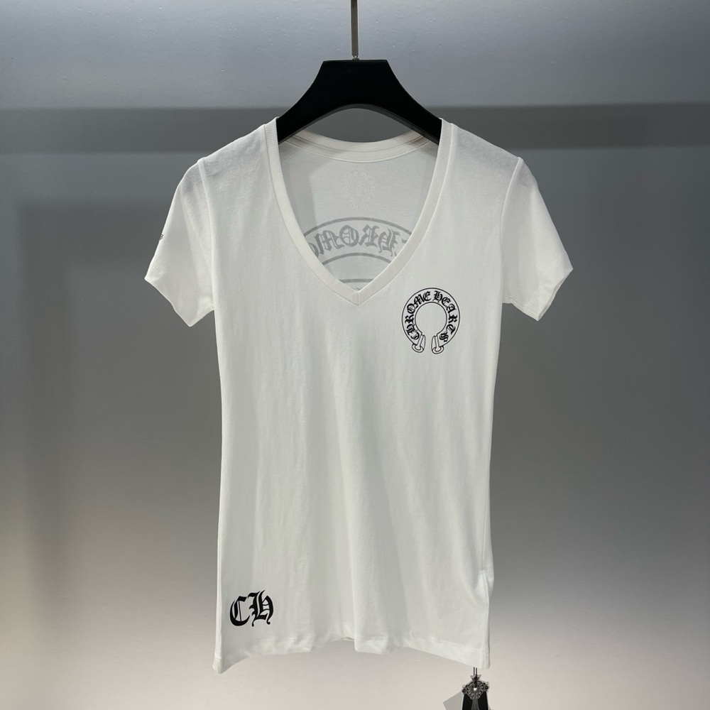 Chrome Hearts White V-Neck Tee with Black Graphics